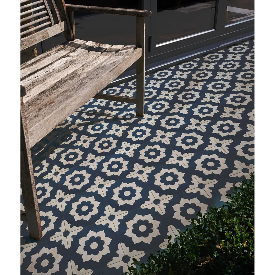 Dark blue and cream floral patterned porcelain floor tiles from floris porcelain denim collection