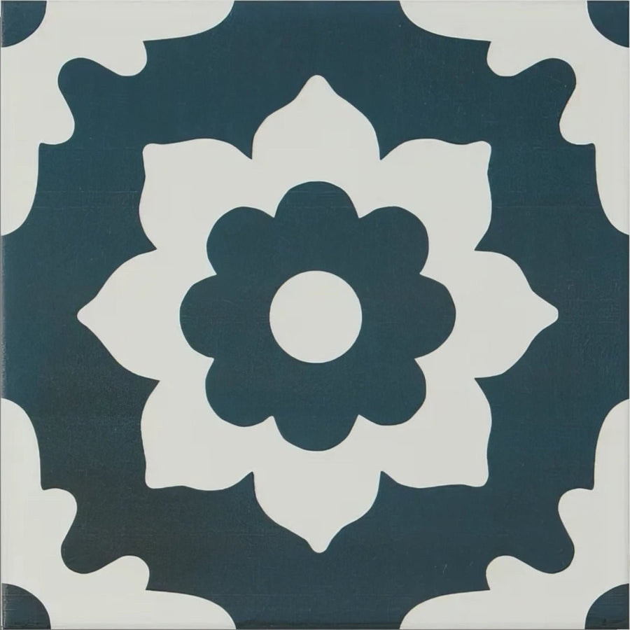 Floris porcelain denim tile with dark blue and white floral patterned ceramic surface for stylish interiors
