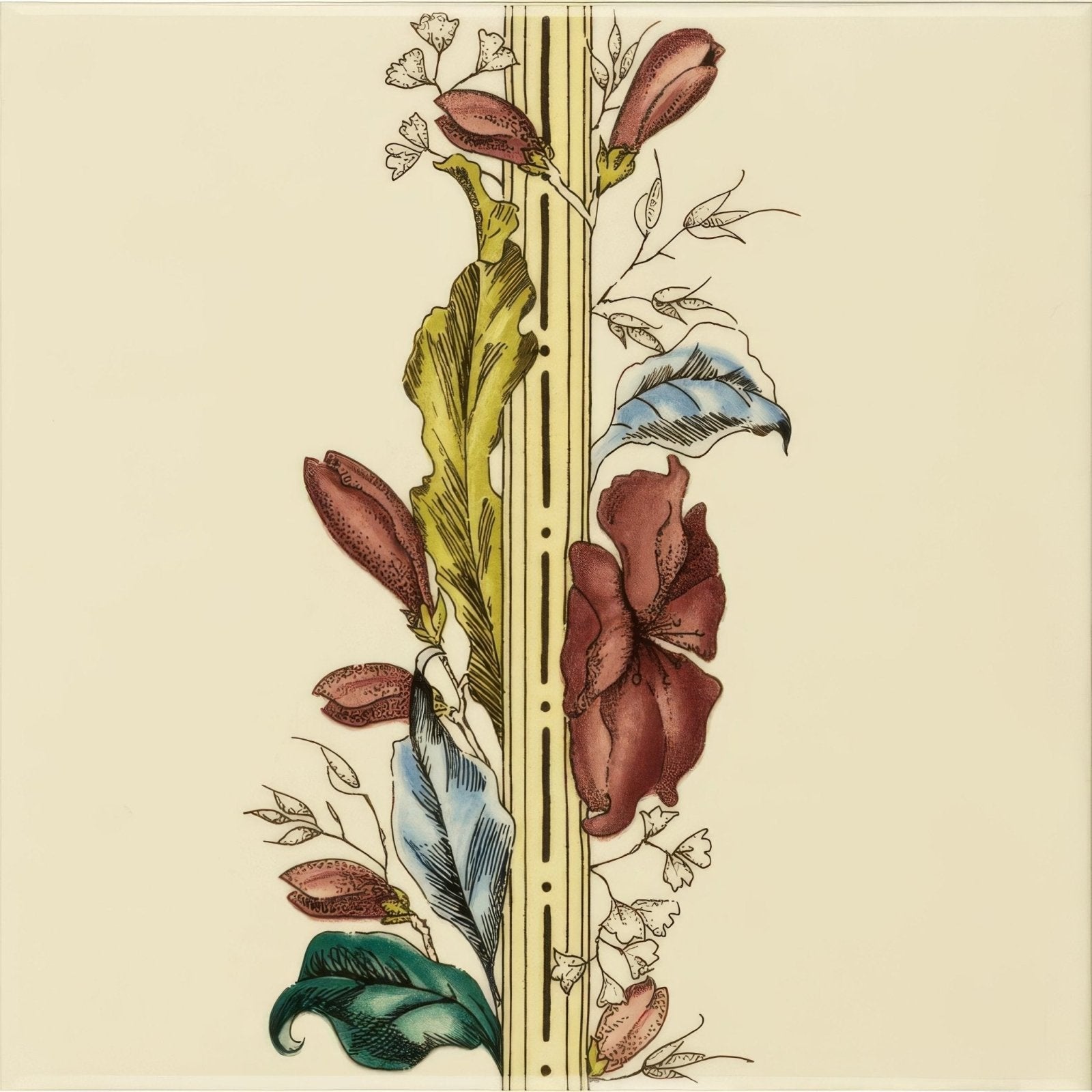 A decorative floral border tile on county white featuring hand-painted burgundy teal and blue blossoms and leaves