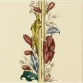 A decorative floral border tile on county white featuring hand-painted burgundy teal and blue blossoms and leaves