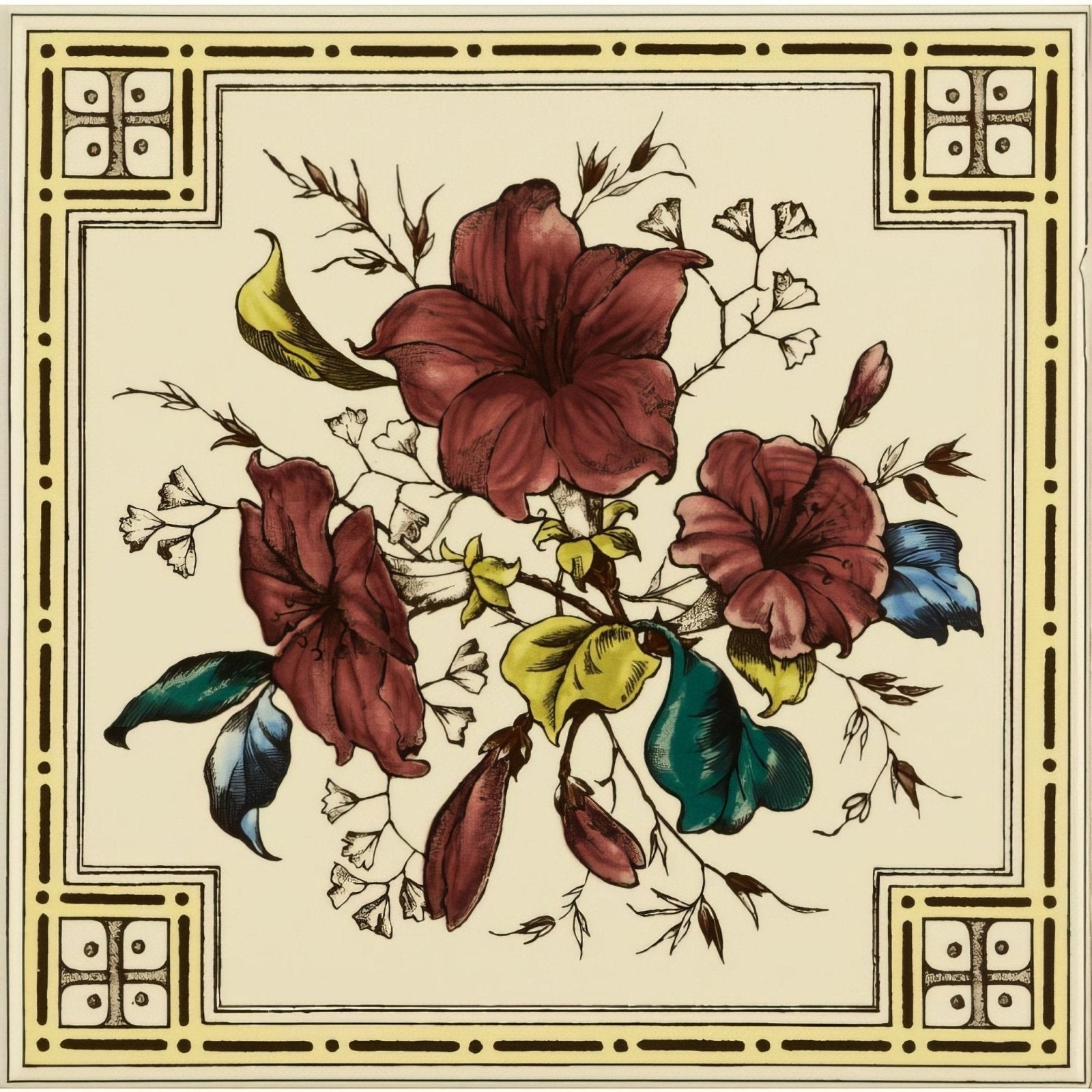 A square scarf with a vintage floral design featuring red, maroon, teal blossoms and yellow leaves on off-white background