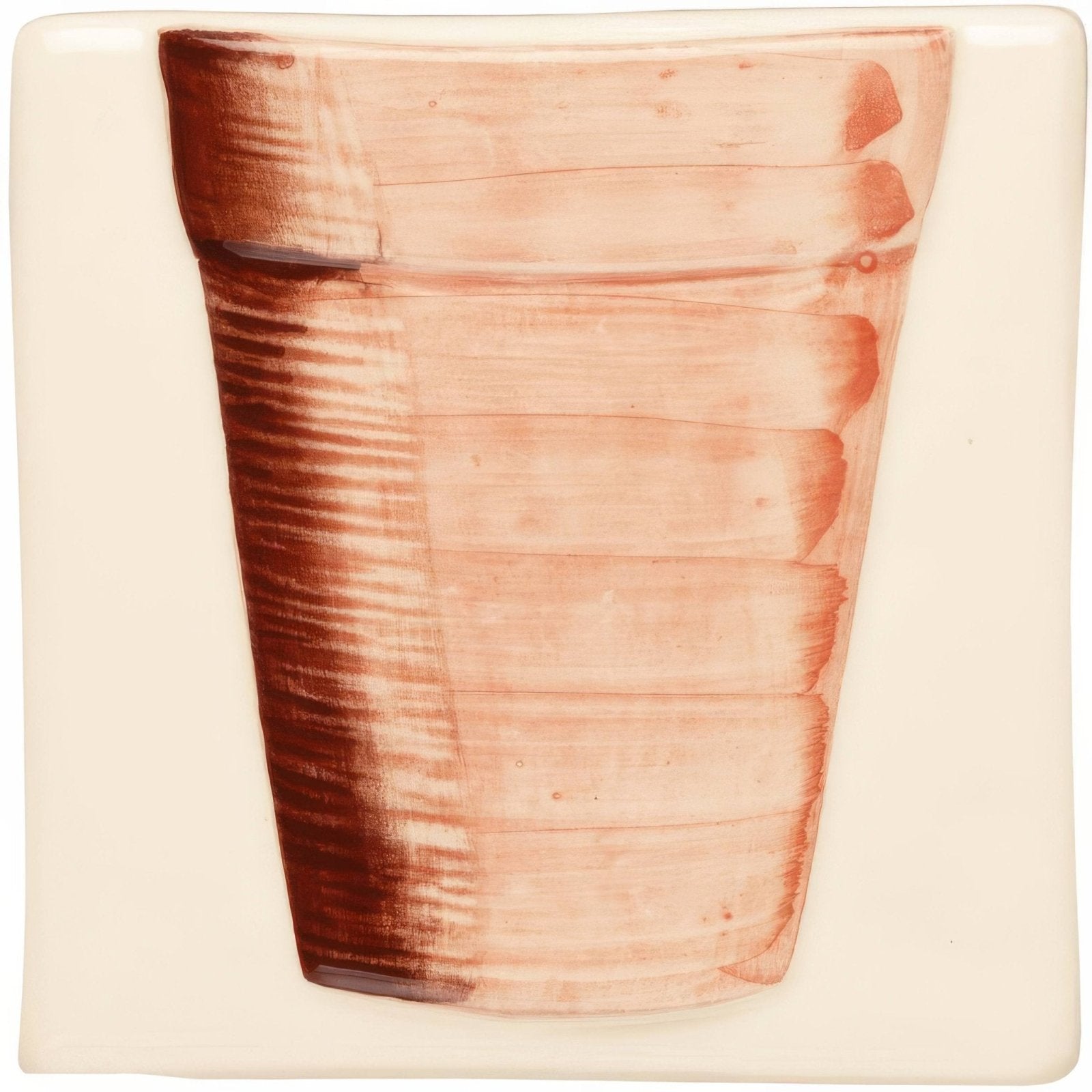 A ceramic tile titled Flower Pot on Off White featuring a hand-painted terracotta pot with brushstroke texture