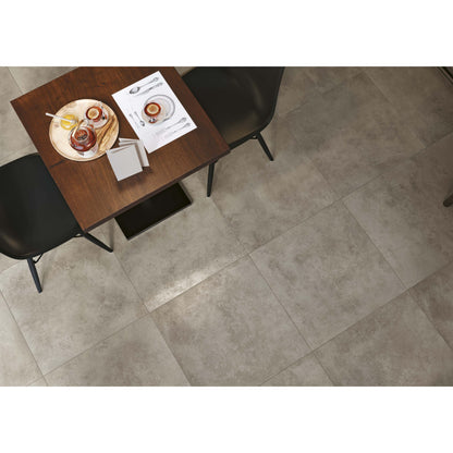 Wooden table with dark brown finish and black metal legs designed to complement flux concrete matt 60 x 60cm flooring
