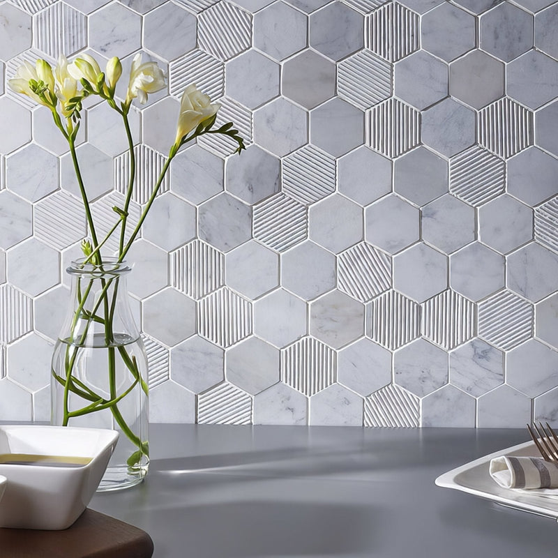 Fog Stone Hexagon Mixed Finish Marble Mosaic