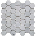 Fog stone hexagon mixed finish marble mosaic with white hexagonal tiles featuring subtle veining and horizontal grooves