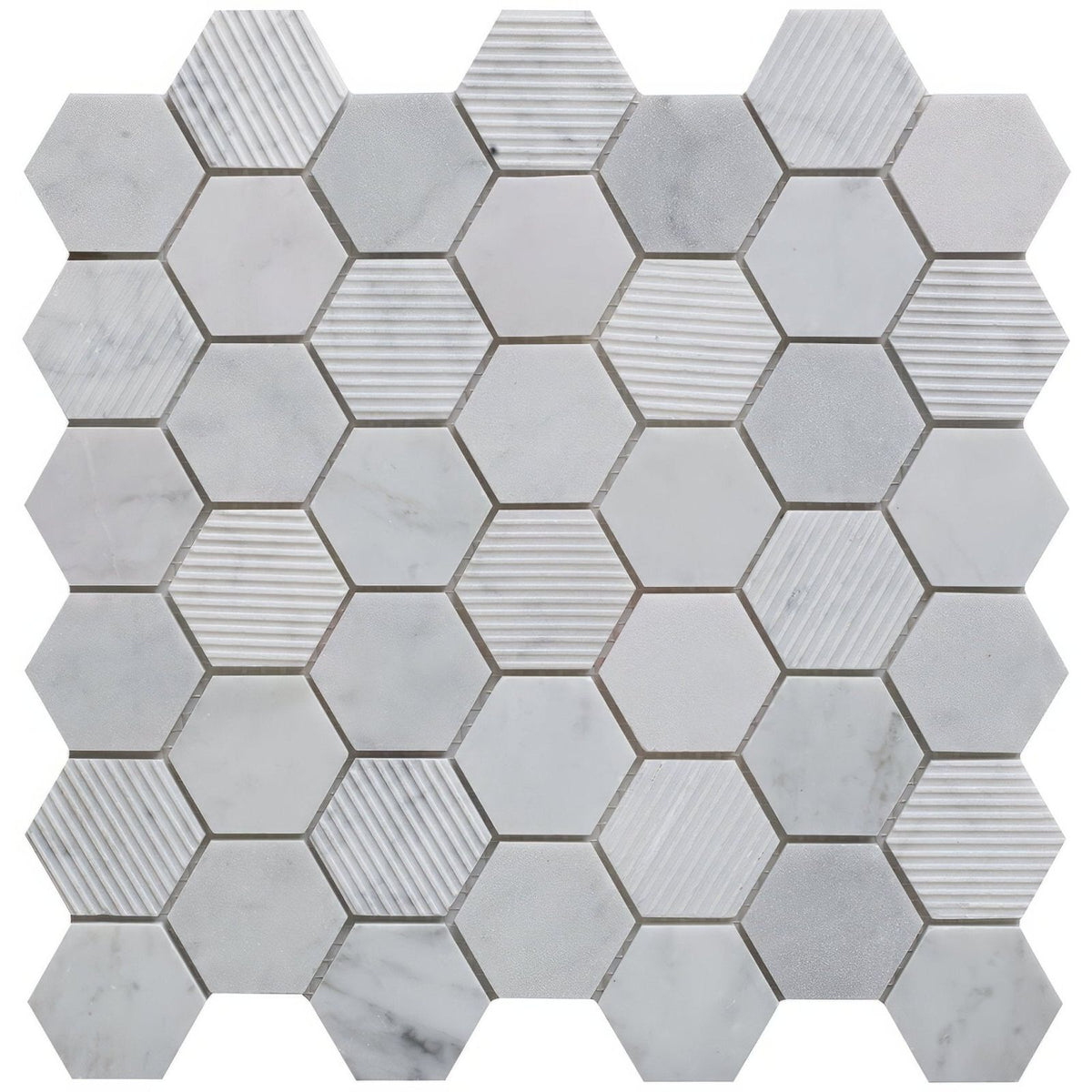 Fog stone hexagon mixed finish marble mosaic with white hexagonal tiles featuring subtle veining and horizontal grooves