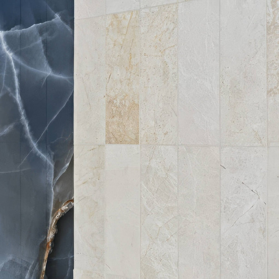 Beige folio marble honed finish tiles with subtle veining and smooth polished surface 10 x 30.5cm