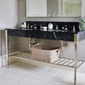 Folio Marble Honed Finish 61 x 40.6cm off-white marble tiles with a double sink vanity and wicker basket
