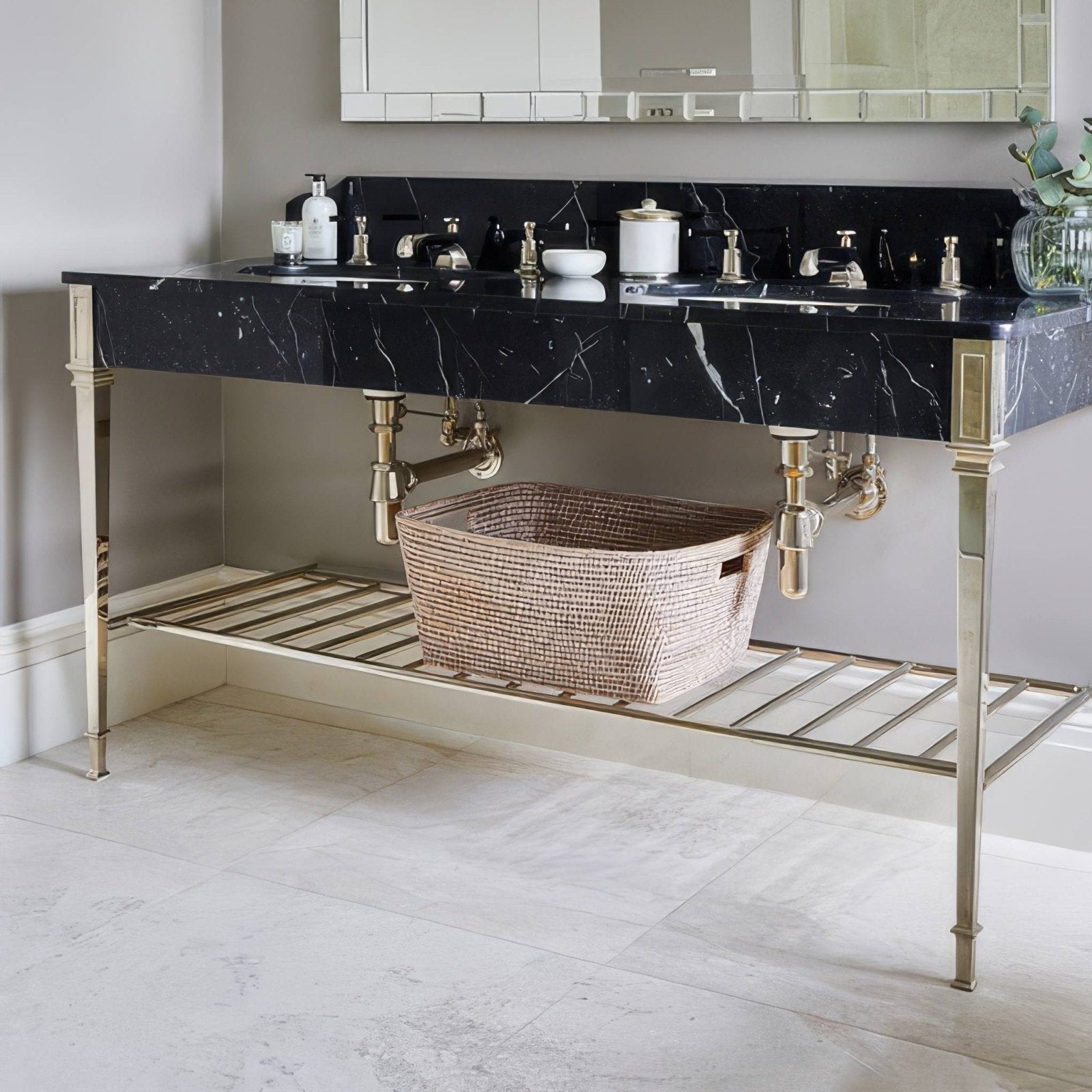 Black marble double sink vanity with gold toned legs and woven wicker basket in folio marble honed finish 61 x 61cm