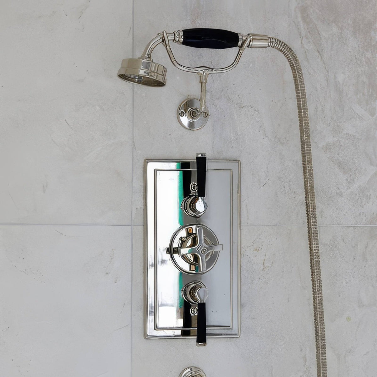 
Folio Marble Honed Finish 61 x 61cm grey marble tiles with a chrome shower system