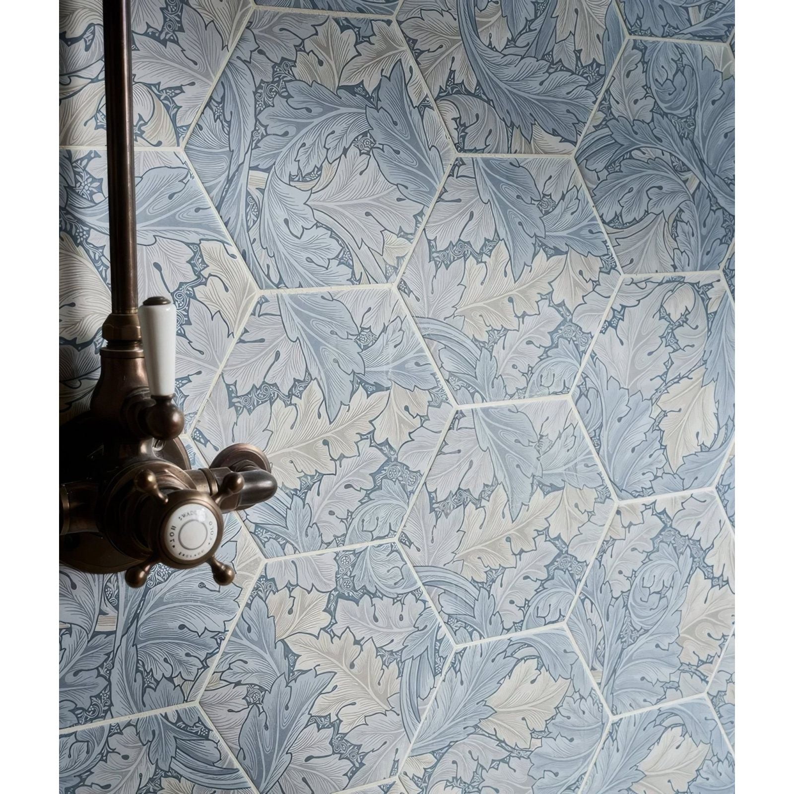 Hexagonal folly porcelain lake matt tiles with intricate vintage-style blue and cream leaf pattern