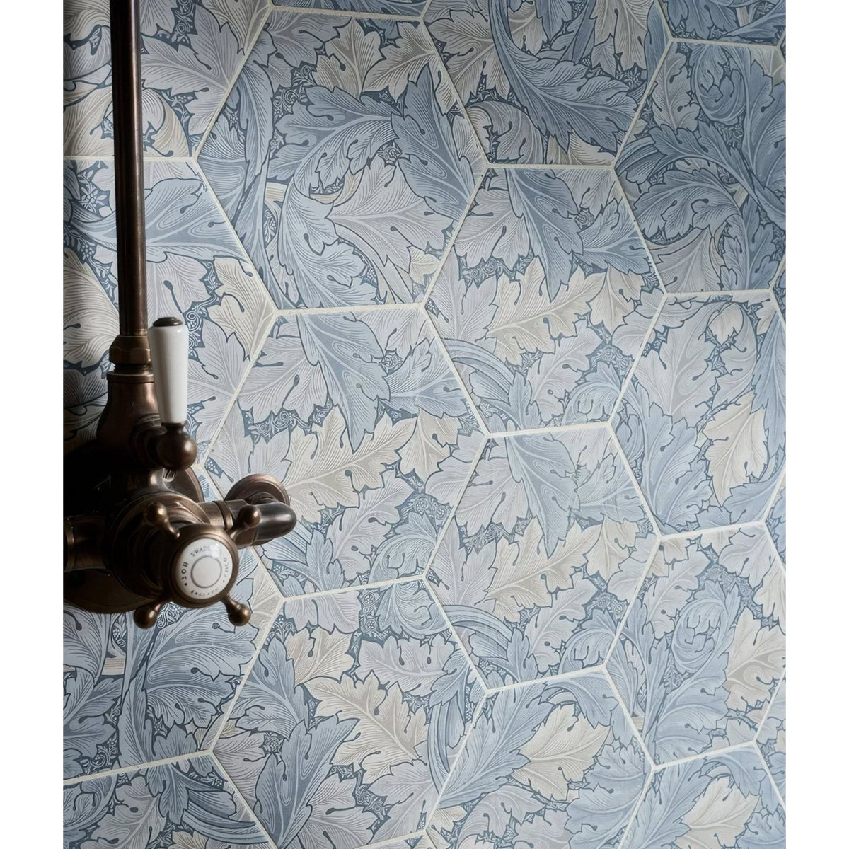 Hexagonal folly porcelain lake matt tiles with intricate vintage-style blue and cream leaf pattern