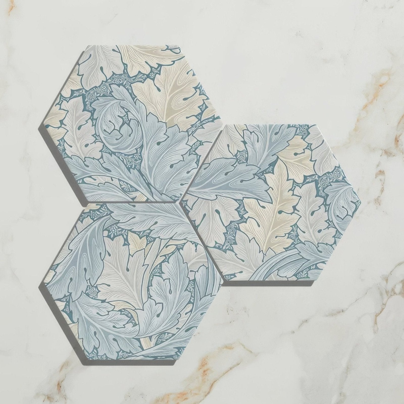 Hexagonal folly porcelain lake matt coasters with intricate blue and cream botanical pattern for drink protection