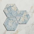 Hexagonal folly porcelain lake matt coasters with intricate blue and cream botanical pattern for drink protection