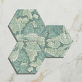 Hexagonal folly porcelain moss matt tiles with intricate teal and cream leaf pattern in matte finish