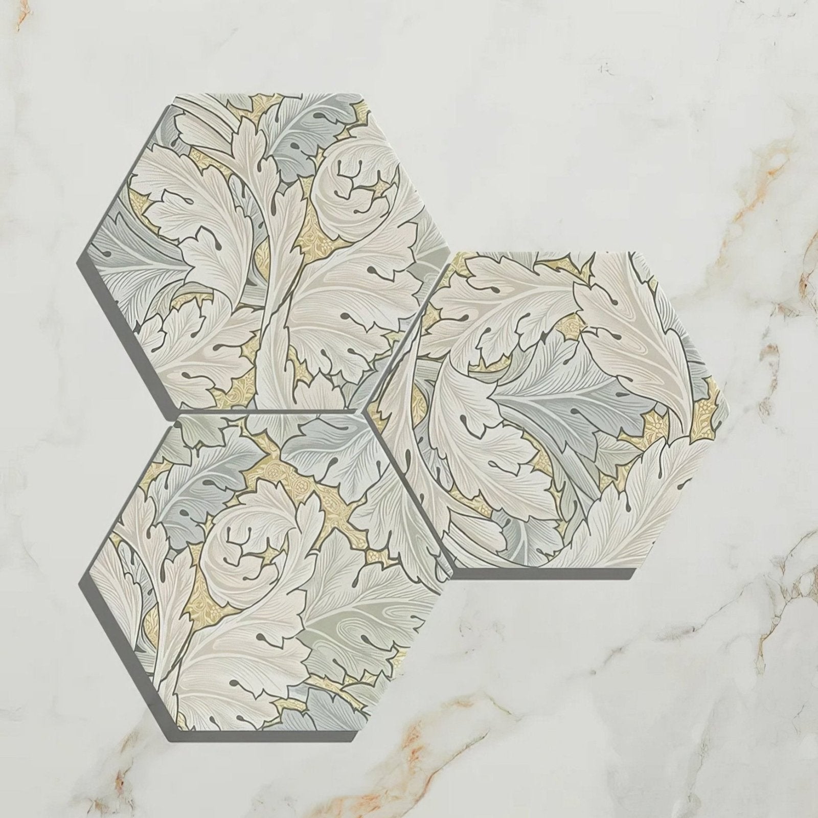 Folly porcelain sand matt hexagonal tiles with vintage leaf pattern in cream gray and gold shades