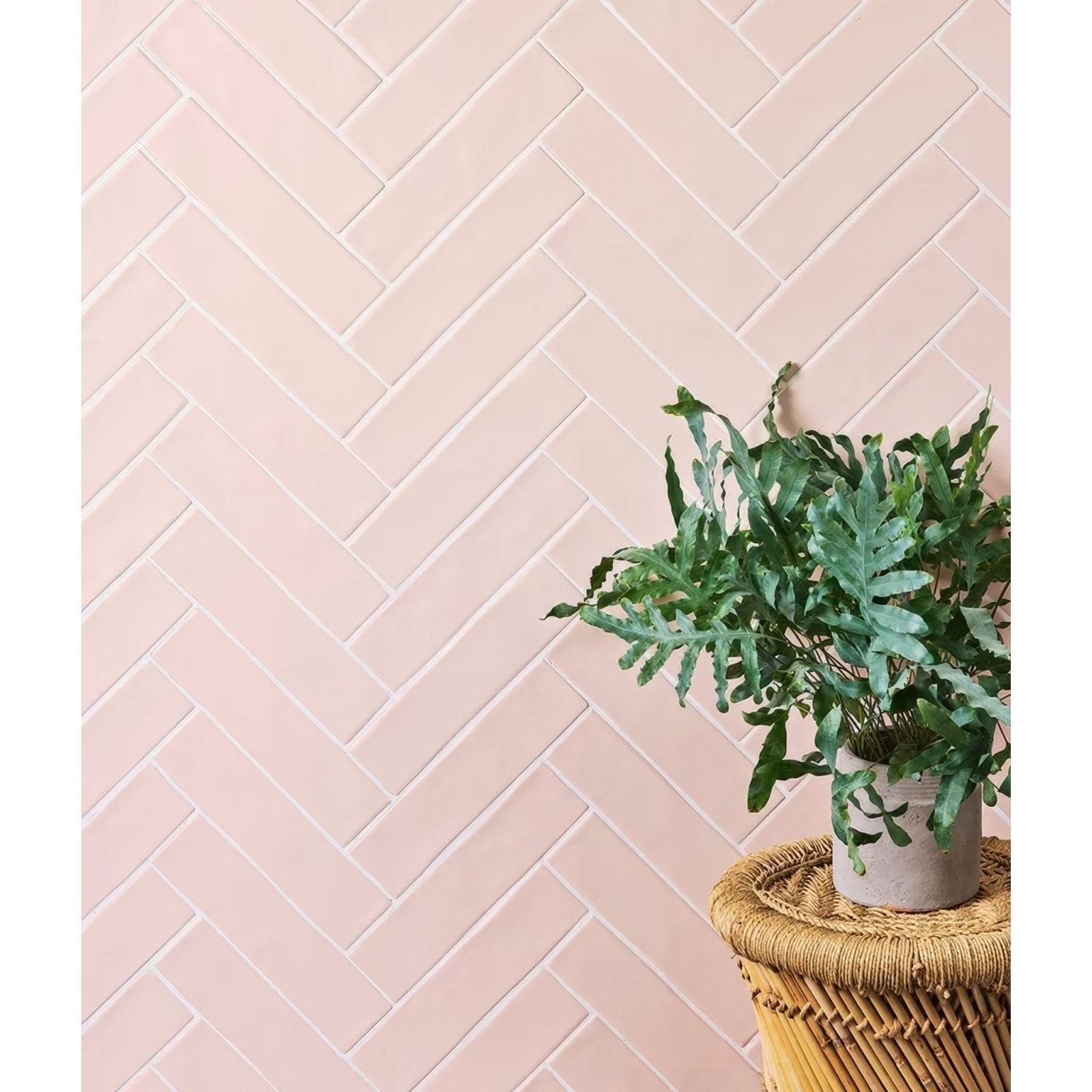 Soft pink herringbone patterned ceramic wall tiles from fondant ceramic rose collection