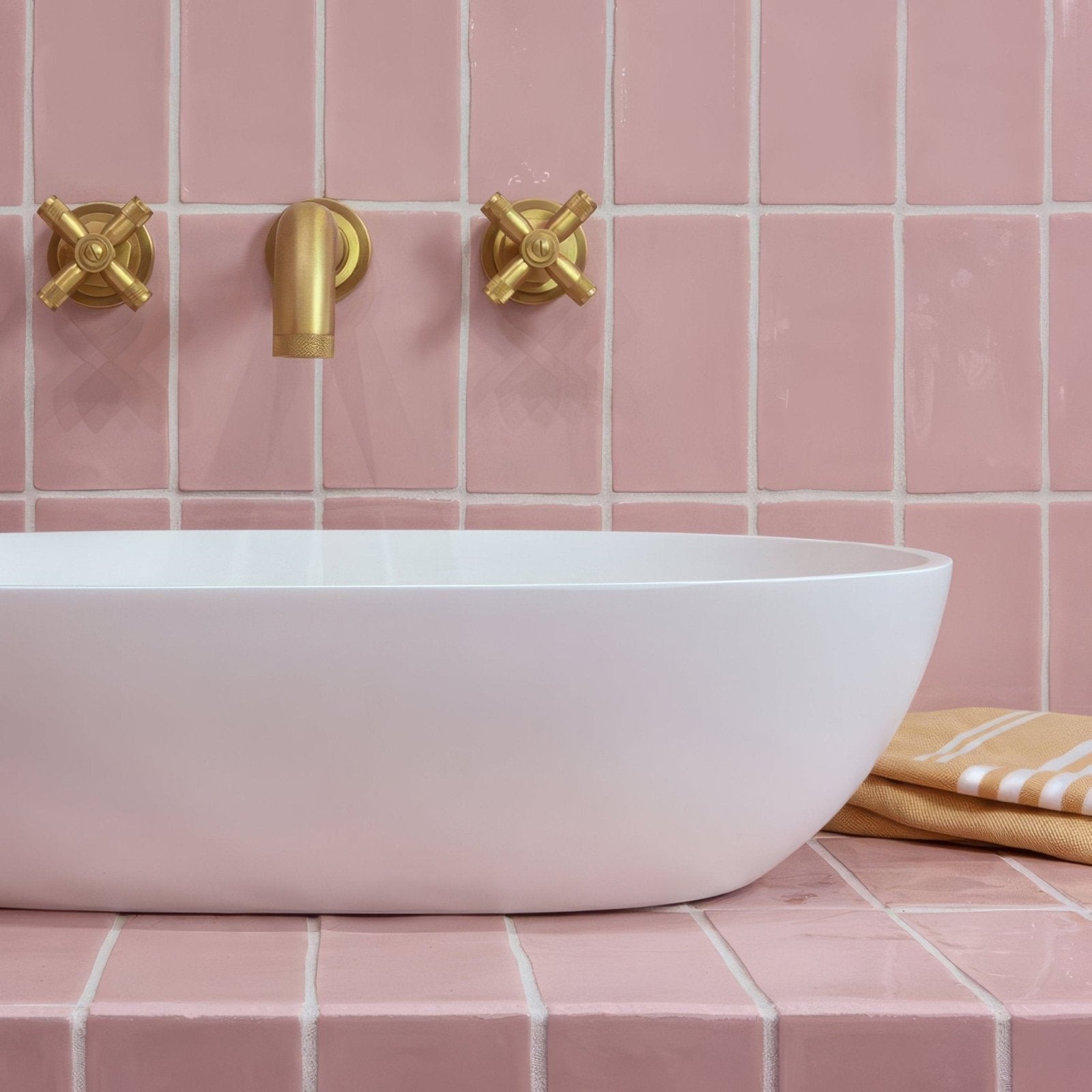 White oval basin with gold cross-handle faucets against pink forecast lundy rectangle glazed tiled backdrop