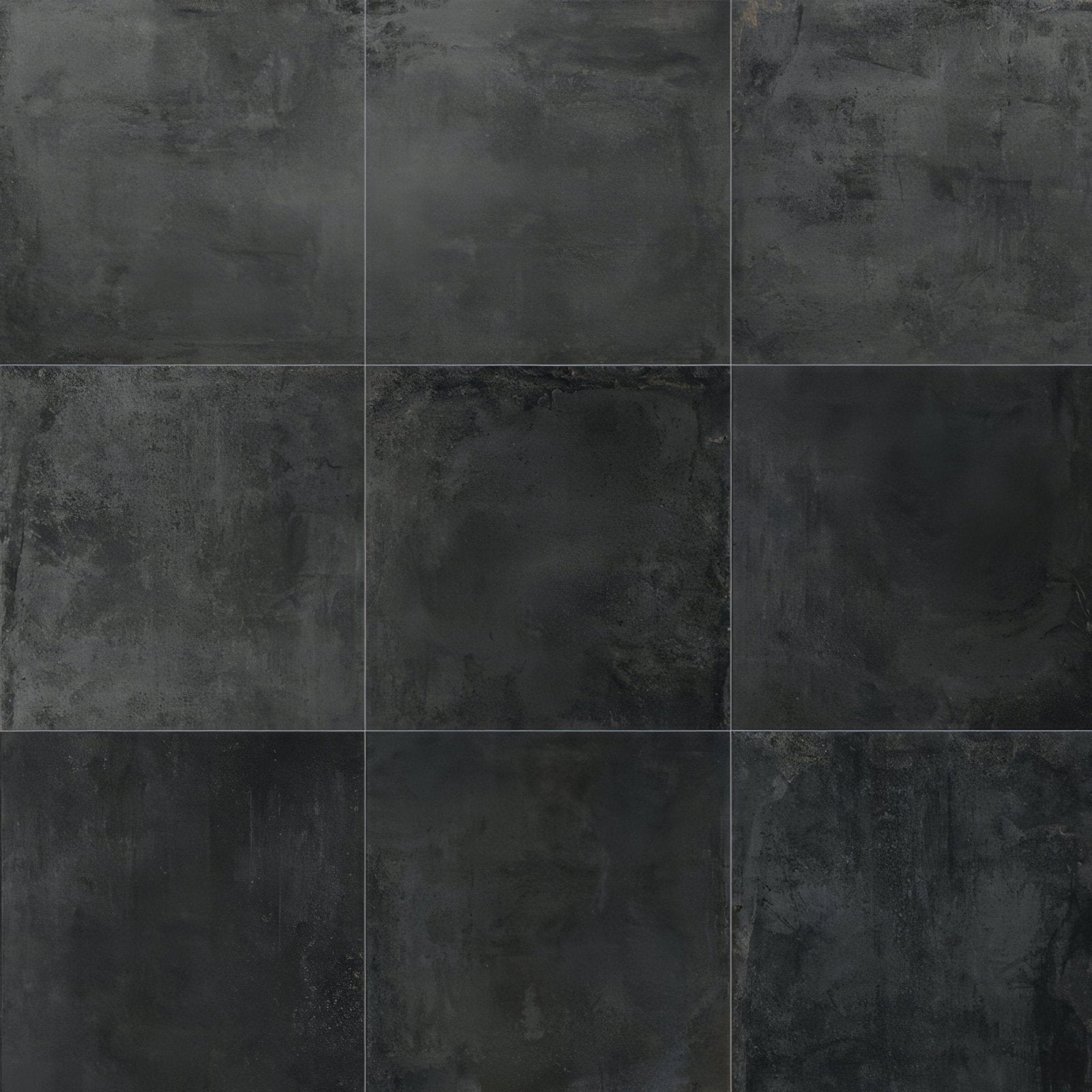 Dark gray textured forged iron porcelain tile with matte finish and subtle tone variations for flooring use