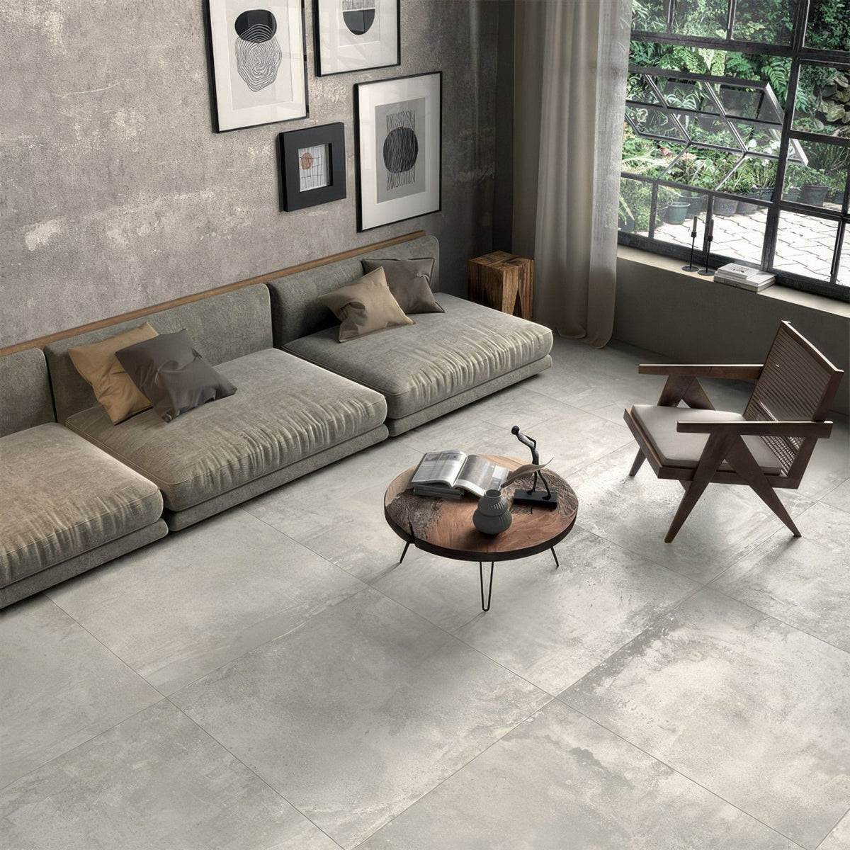Gray concrete-effect forged titanium porcelain tile with subtle texture and matte finish for durable flooring