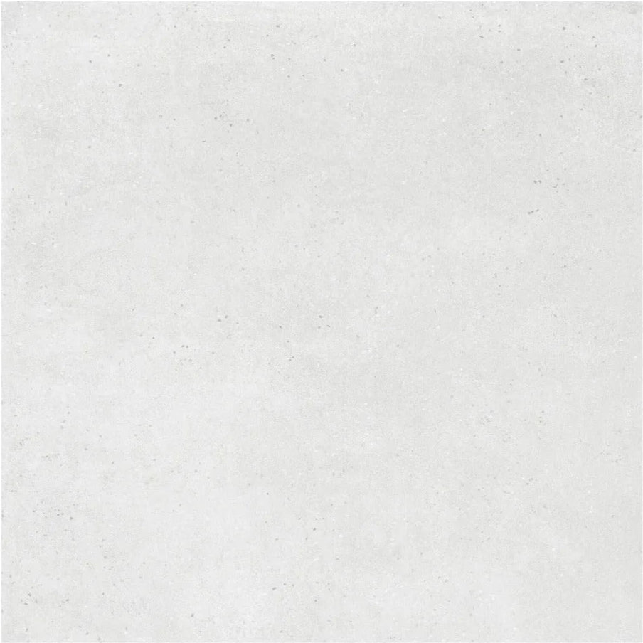 A smooth off-white form white 60 x 60cm porcelain tile with subtle speckled texture for flooring or walls