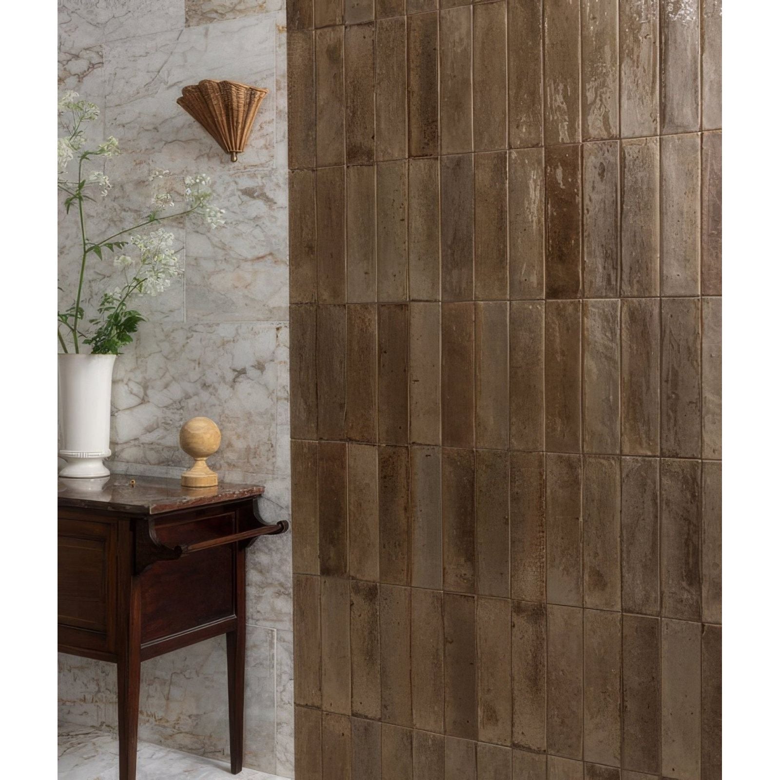 Brown rectangular ceramic tiles with rustic weathered finish foundry novo porcelain beige for flooring and walls