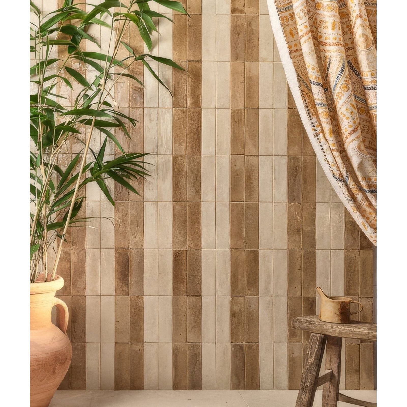 Foundry novo porcelain beige vertical wood-effect tiles in beige and tan with a rustic handcrafted finish