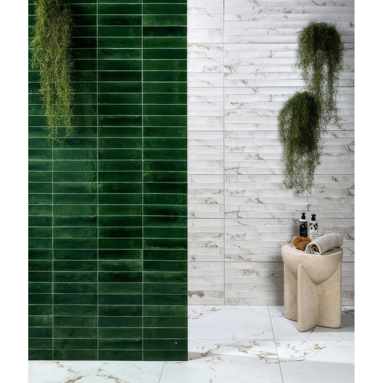 Emerald green rectangular glossy ceramic tiles arranged in vertical rows foundry novo porcelain irish green