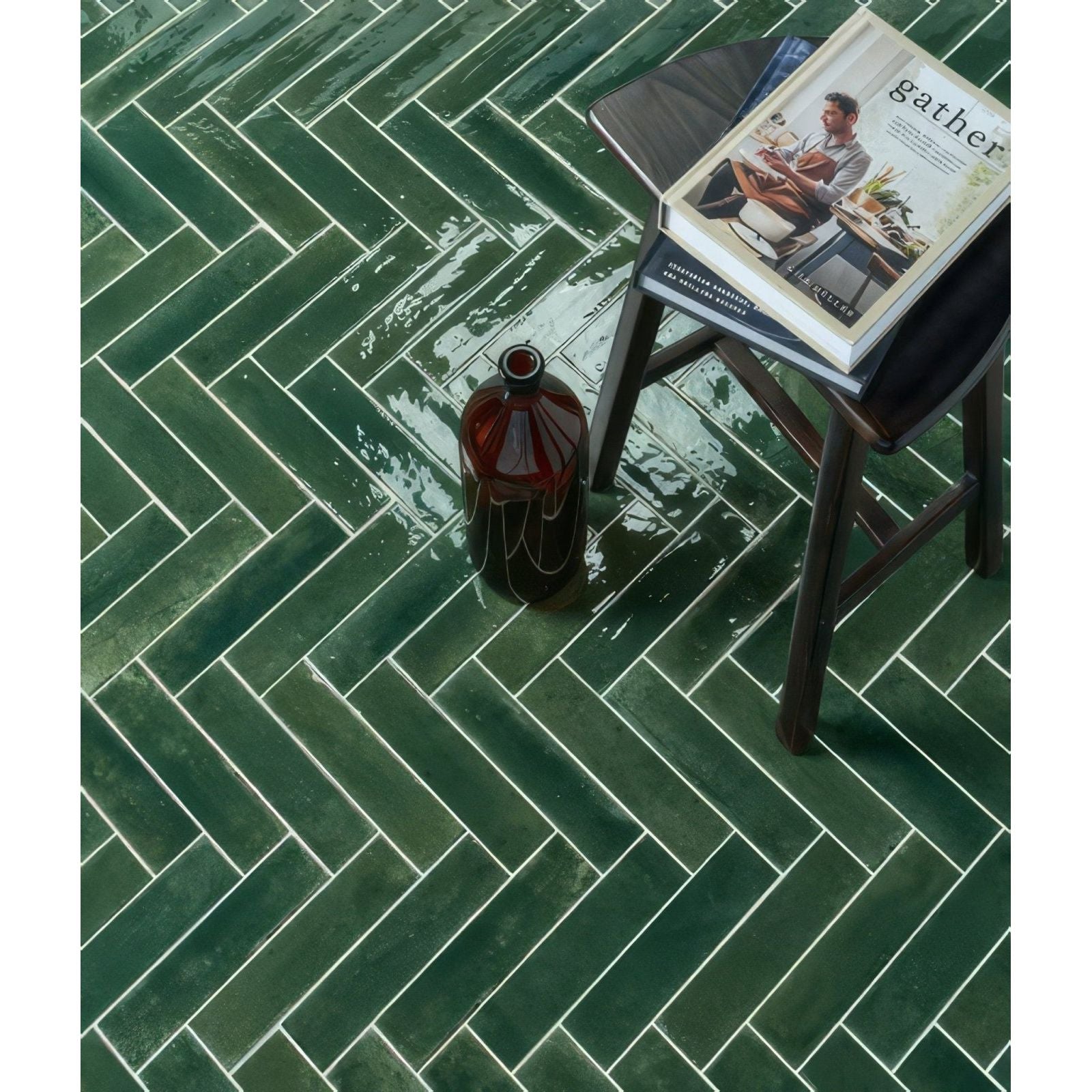 Foundry novo porcelain irish green dark green herringbone patterned ceramic floor tiles with white grout