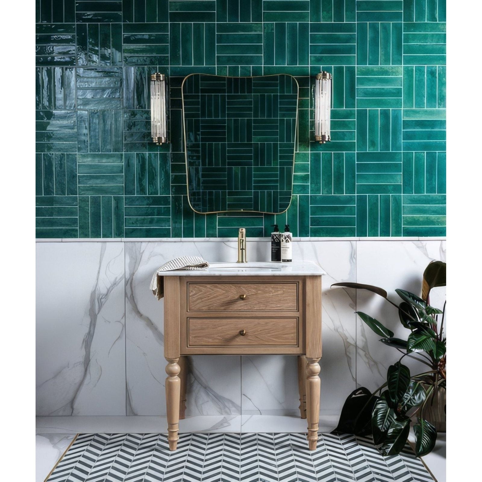Light wood vanity with two drawers and turned legs topped by white marble countertop for foundry novo porcelain turquoise