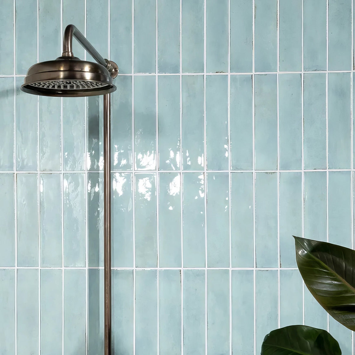 Foundry porcelain aquamarine sleek brushed nickel showerhead with rounded dome and perforated spray face on adjustable arm