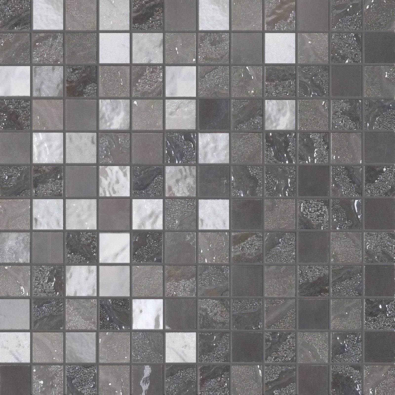 Gray and white four seasons fog mosaic tile with glossy textured surface featuring swirling patterns