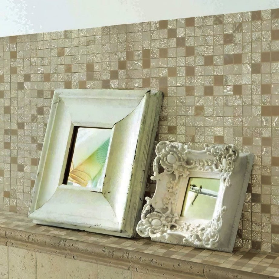 Two white picture frames with rectangular and ornate carved designs from four seasons spring mosaic collection
