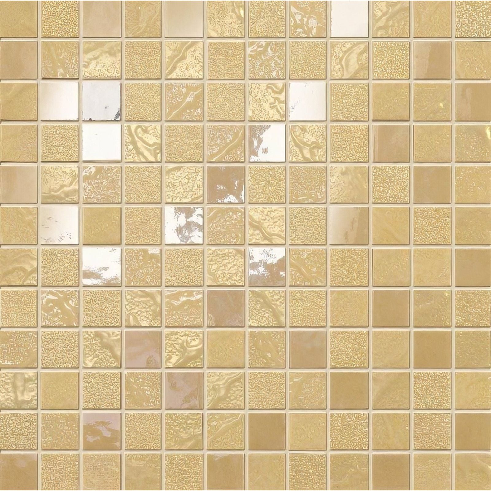 Four seasons summer mosaic gold-toned mosaic tile with textured glossy surfaces and reflective mirror pieces