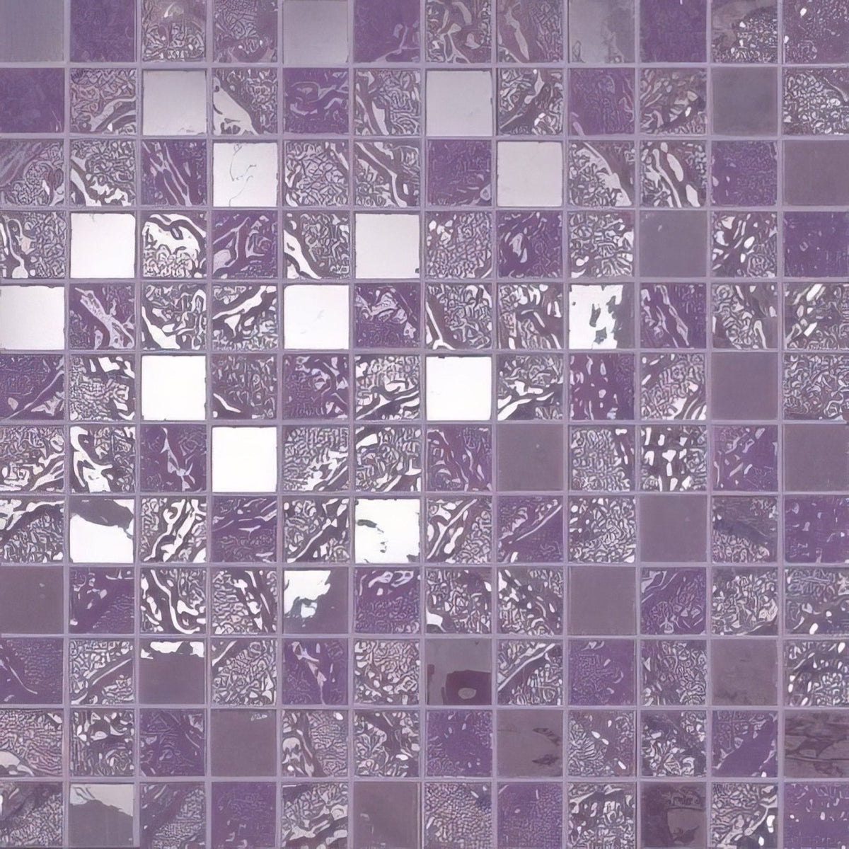 Purple and silver four seasons tulip mosaic tile with reflective textured surface for decorative wall use