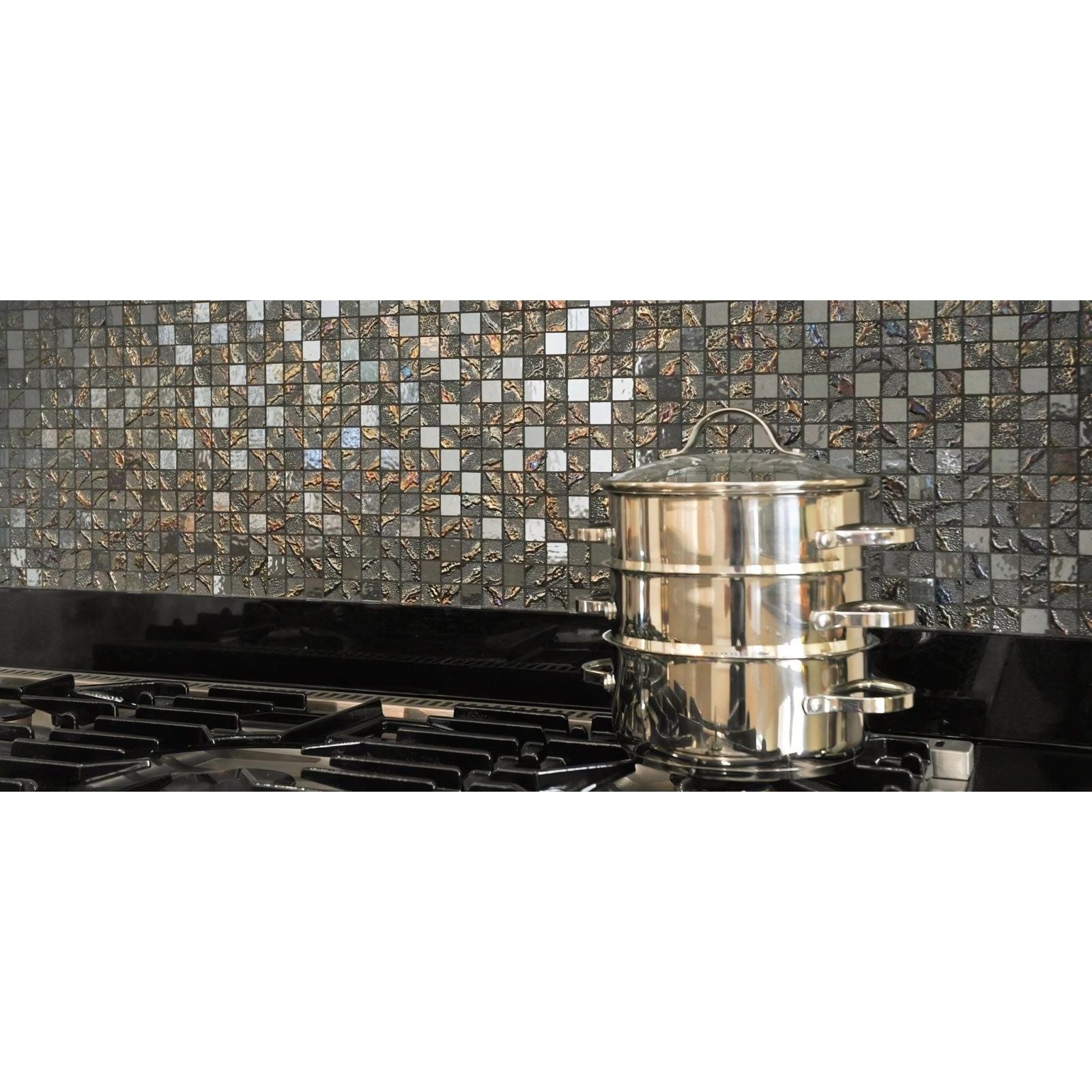 Shiny stainless steel three-tiered steamer pot with glass lid and side handles in four seasons winter mosaic design
