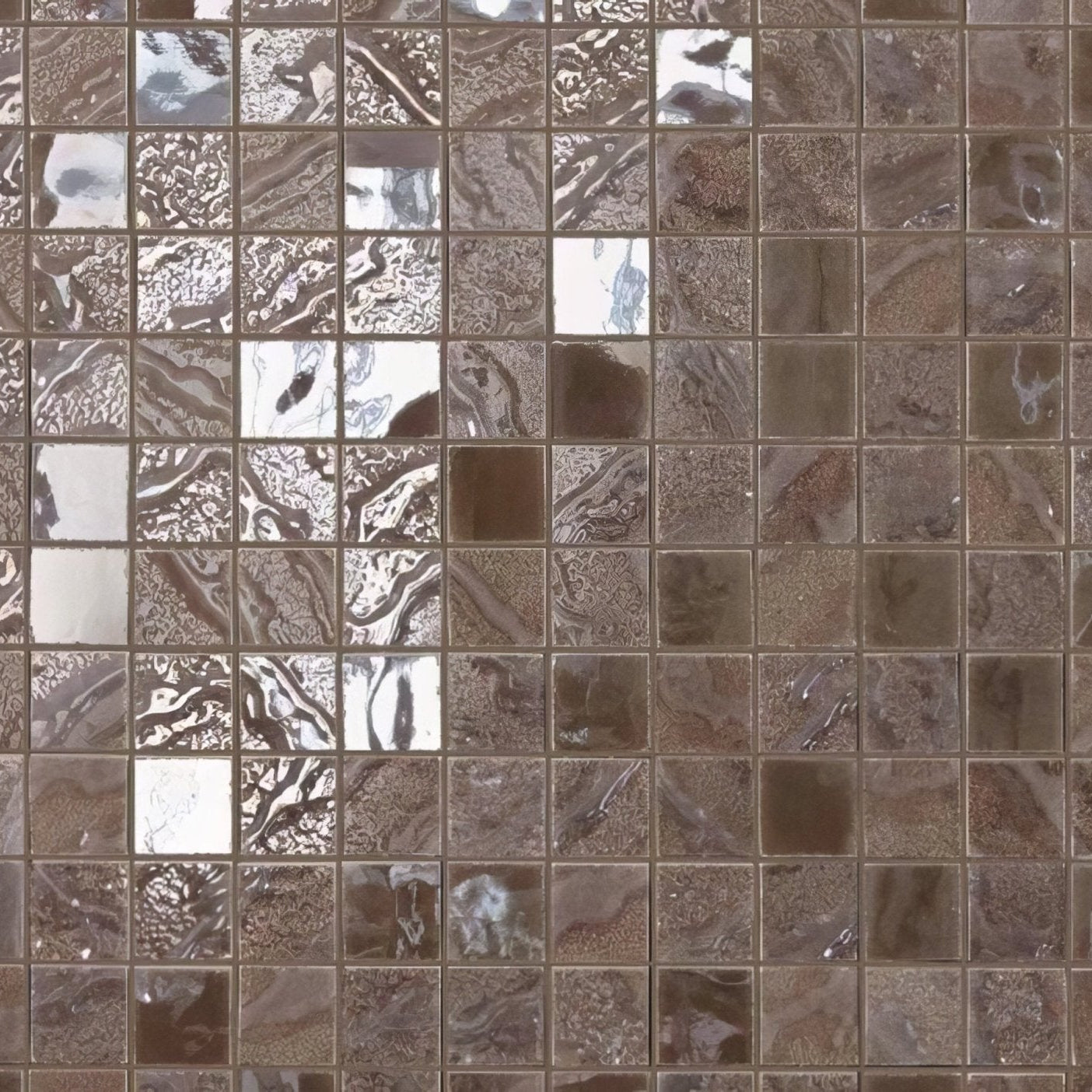 Four seasons wood mosaic featuring brown and silver reflective marbled tile with a mosaic pattern