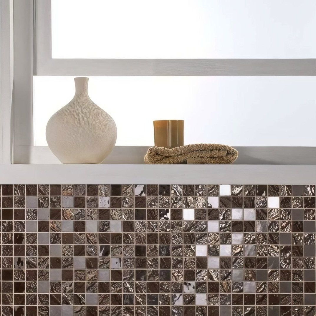 Cream-colored textured ceramic vase with slender neck and rounded body featured in Four Seasons Wood Mosaic collection