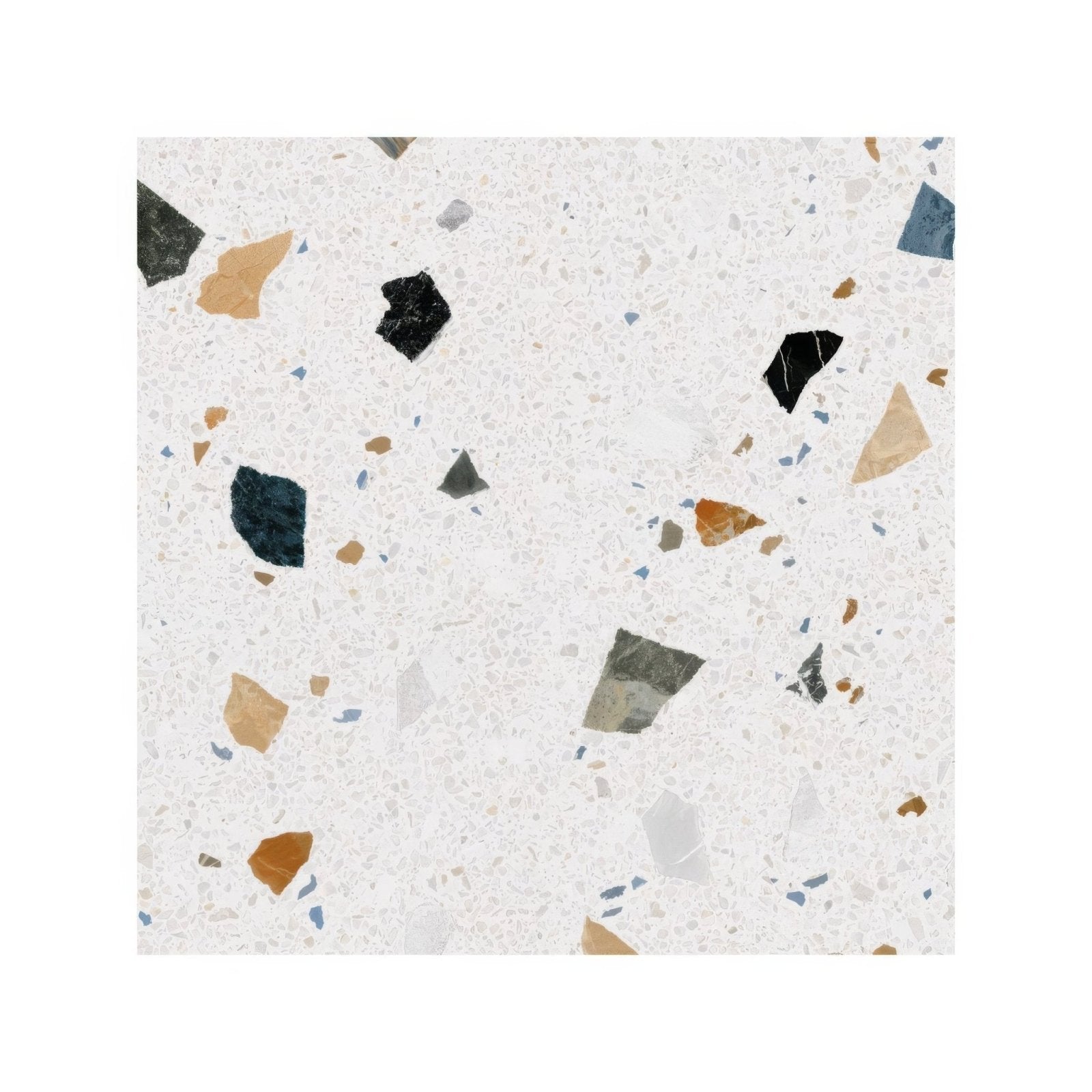White terrazzo effect porcelain tile with scattered black beige gray and blue stone fragments called frammento multi