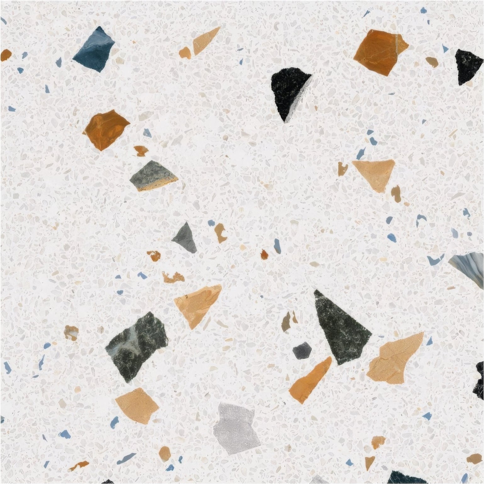 White terrazzo effect porcelain tile with scattered black orange gray and blue stone fragments in frammento multi design