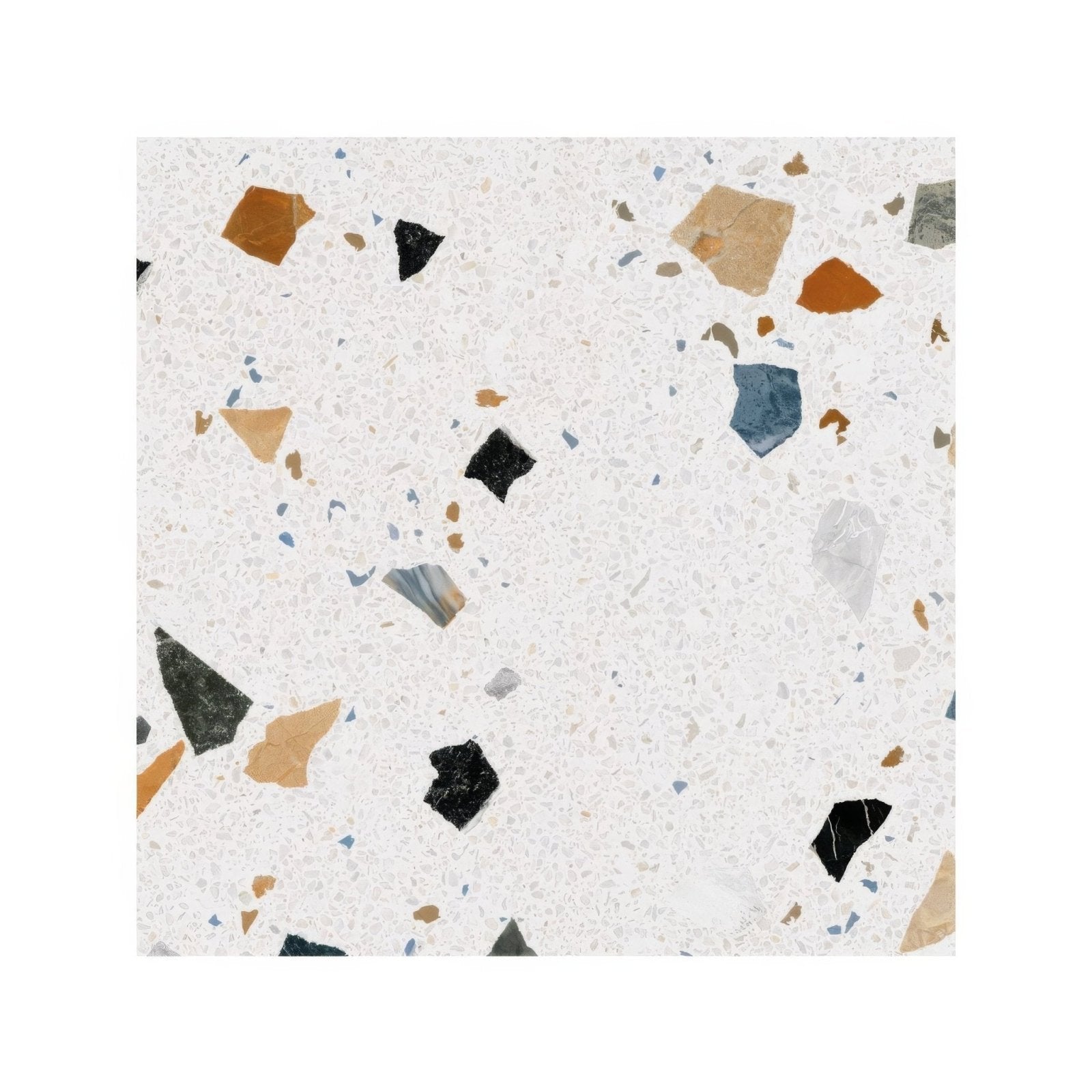 White terrazzo effect porcelain tile with scattered black orange beige and blue stone fragments named frammento multi