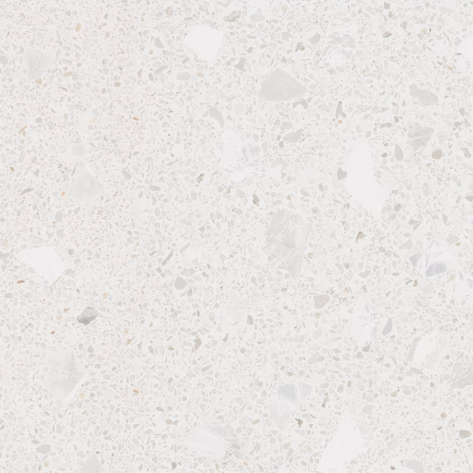 Frammento white terrazzo effect porcelain tile with white countertop featuring light gray and beige speckled pattern