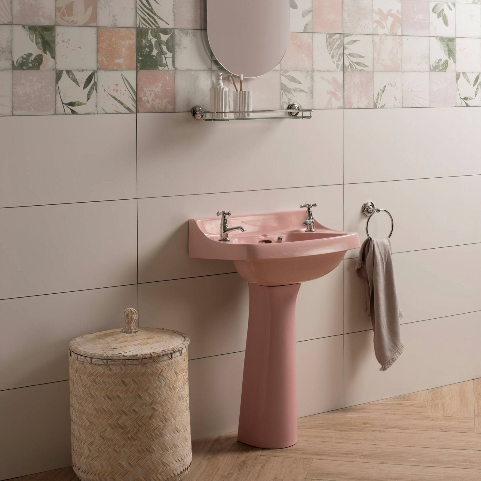 Pink ceramic pedestal sink fresco matt 99x32 with chrome faucets for stylish bathroom use