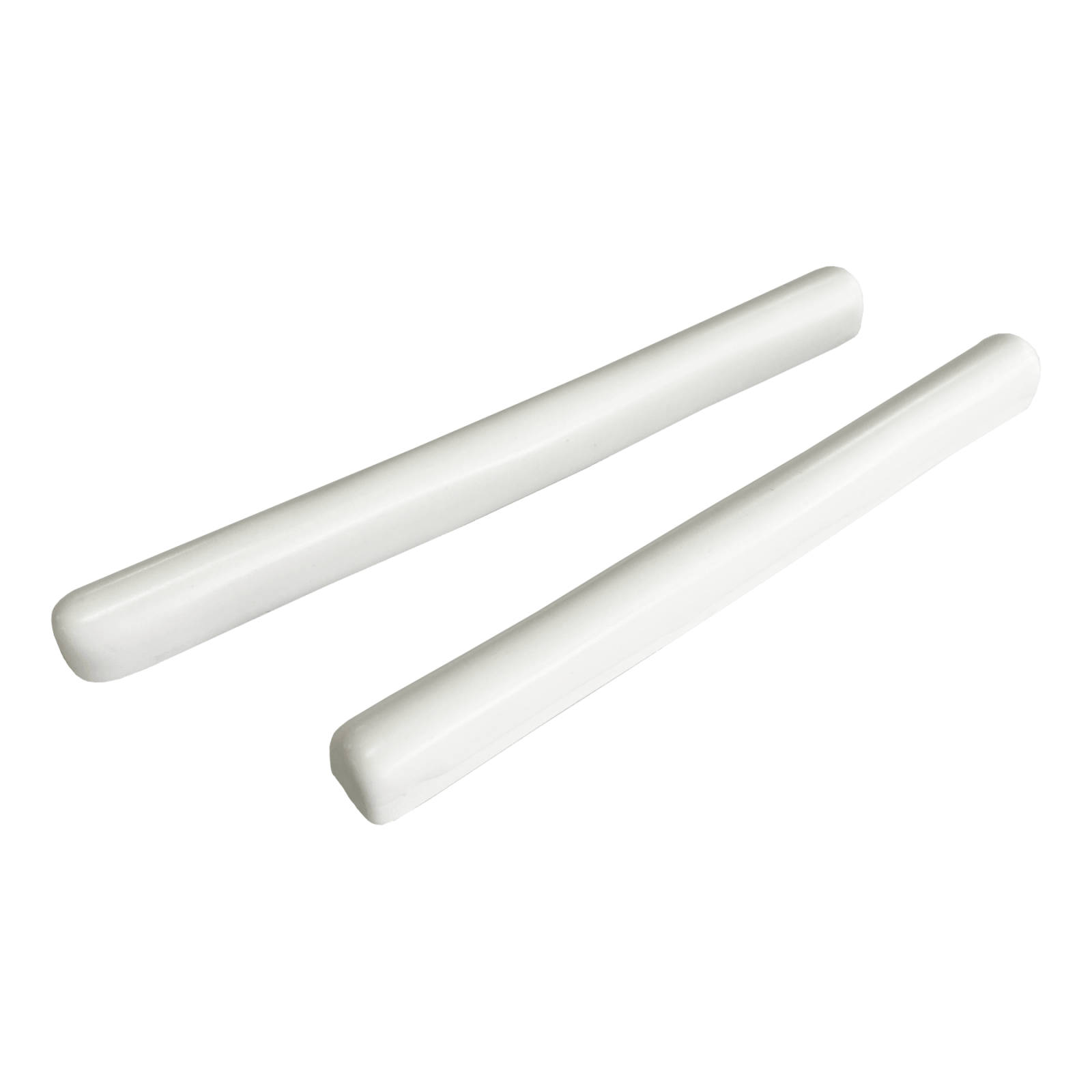 Two sleek white cylindrical frost rustic pencils with smooth polished surfaces for writing and drawing
