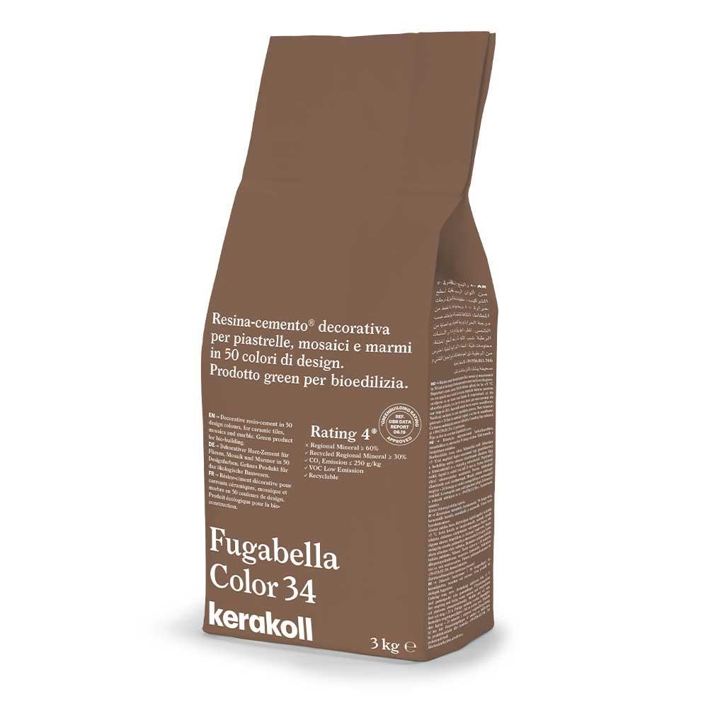 Brown paper bag of kerakoll fugabella color 34 decorative resin-cement grout for tiles mosaics and marble
