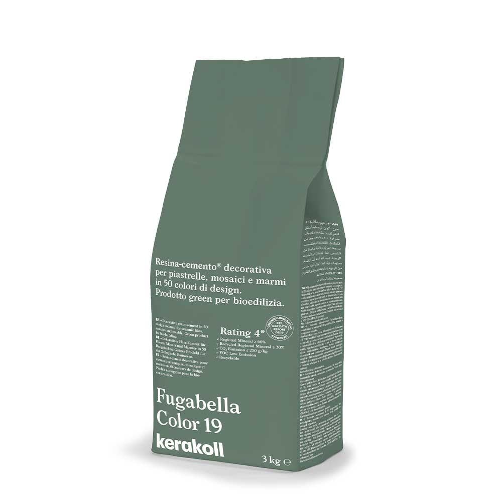 A matte olive green paper bag of kerakoll fugabella resin cement grout color 19 with a 4 star eco certification rating