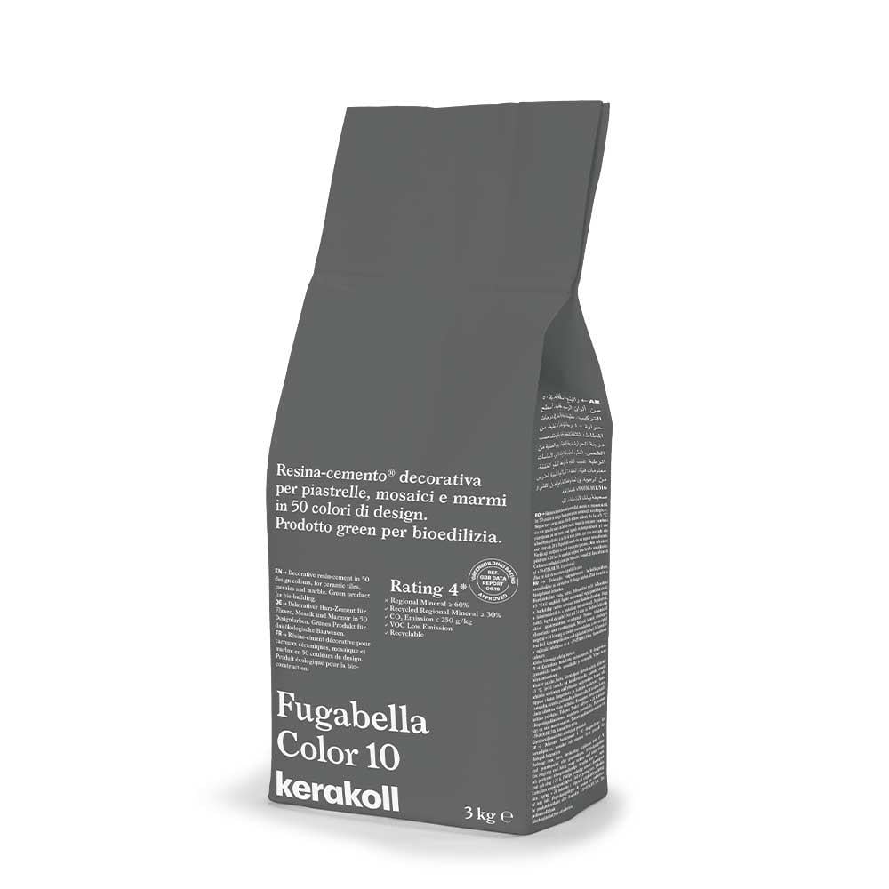 Dark gray bag of kerakoll fugabella color 10 decorative resin cement grout for mosaics and marble labeled green product