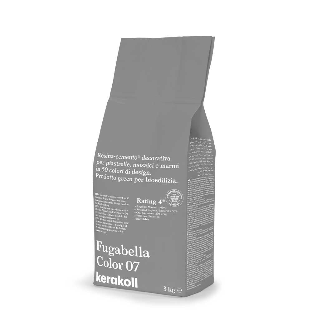Gray paper bag of kerakoll fugabella resin cement grout color 07 with white text and minimalist design