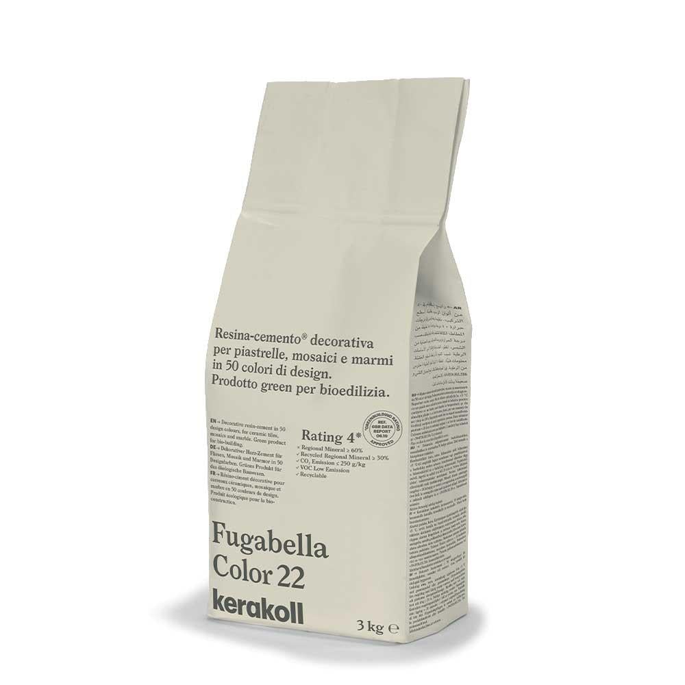 A beige paper bag of kerakoll fugabella resin cement grout color 22 containing 3 kg of decorative tile grout