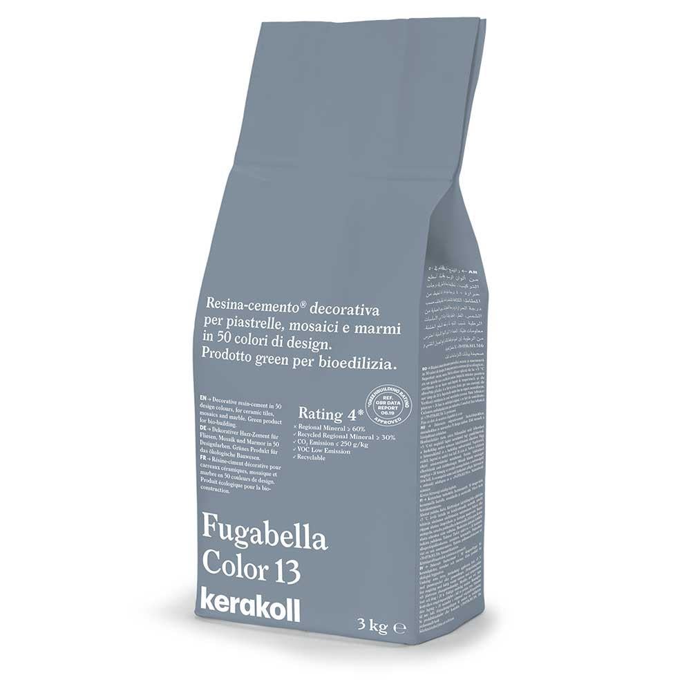 A sleek matte gray bag of kerakoll fugabella resin cement grout in fugabella color 13 decorative cement